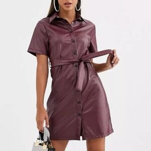 Missguided leather look shirt dress in burgundy red size 0